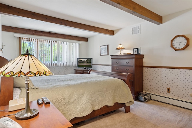 7317 Bircklan Dr, Canton, MI 48187 - bedroom featuring beam ceiling, carpet flooring, a baseboard radiator, and a wainscoted wall