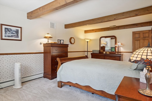 7317 Bircklan Dr, Canton, MI 48187 - bedroom with wainscoting, light colored carpet, beamed ceiling, and baseboard heating