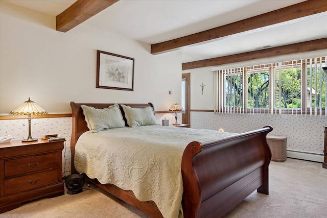 7317 Bircklan Dr, Canton, MI 48187 - bedroom with light carpet, beam ceiling, baseboard heating, and a wainscoted wall