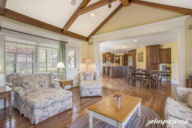 living room featuring a chandelier, beamed ceiling, dark wood-style floors, high vaulted ceiling, and recessed lighting