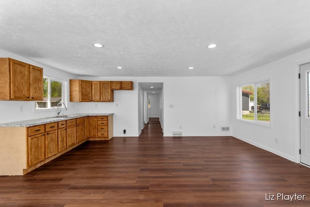 311 W Fenwick Rd, Fenwick, MI 48834 - kitchen featuring dark wood finished floors, recessed lighting, brown cabinetry, baseboards, and a textured ceiling