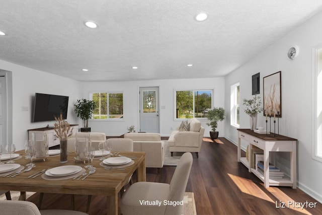 311 W Fenwick Rd, Fenwick, MI 48834 - dining room featuring recessed lighting, dark wood-style floors, baseboards, and a textured ceiling