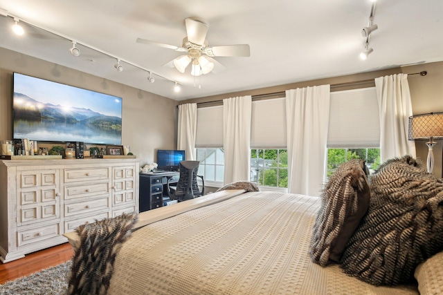 141 Paton Way, Romeo, MI 48065 - bedroom featuring track lighting, wood finished floors, ceiling fan, and an office area