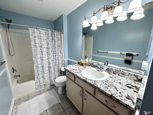 full bath featuring toilet, vanity, and shower / bath combo
