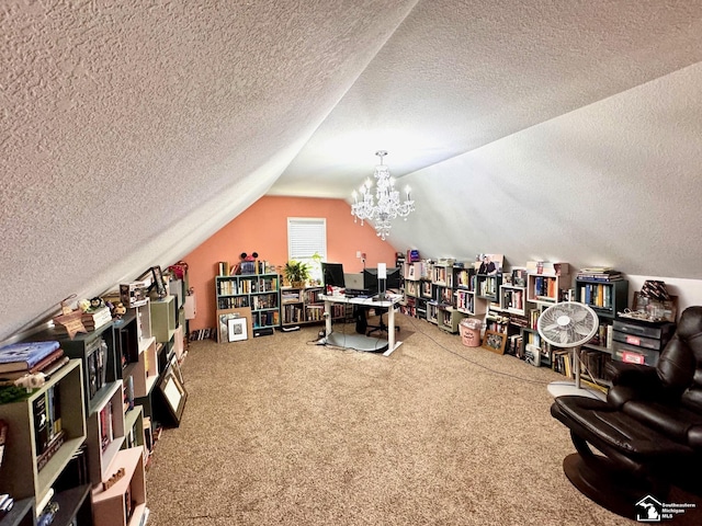 office space with vaulted ceiling, carpet flooring, a textured ceiling, and a chandelier