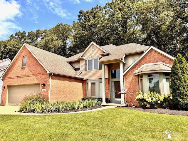 view of front facade with brick siding, a front yard, roof with shingles, and concrete driveway