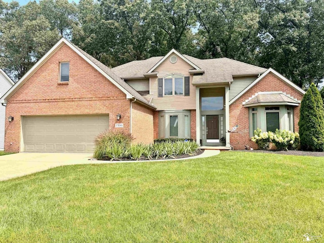 view of front of property featuring brick siding, a front yard, driveway, and a shingled roof