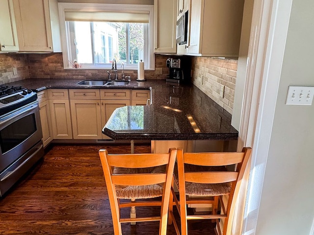 kitchen featuring stainless steel appliances, a sink, backsplash, and dark stone countertops