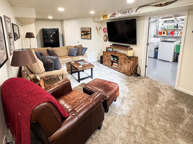 carpeted living room with washer and clothes dryer, recessed lighting, and baseboards