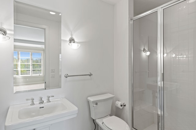 full bath with a stall shower, toilet, and a sink