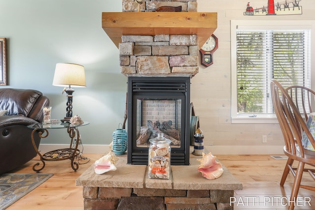 618 Edgewater Dr, Spring Lake, MI 49456 - detailed view of wood finished floors, a stone fireplace, and baseboards