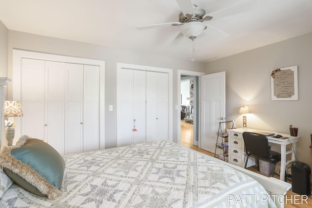 618 Edgewater Dr, Spring Lake, MI 49456 - bedroom with multiple closets, wood finished floors, and ceiling fan