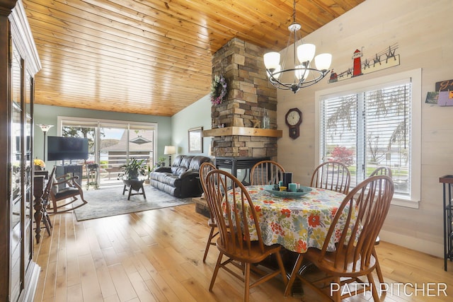 618 Edgewater Dr, Spring Lake, MI 49456 - dining space with light wood-type flooring, high vaulted ceiling, a chandelier, a fireplace, and wood ceiling