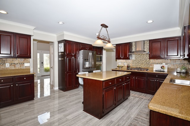 18516 Ranier Dr, Macomb, MI 48042 - kitchen with wall chimney range hood, dark brown cabinets, appliances with stainless steel finishes, a center island, and crown molding