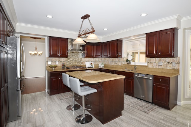 18516 Ranier Dr, Macomb, MI 48042 - kitchen featuring stainless steel appliances, wall chimney exhaust hood, reddish brown cabinets, a sink, and a center island