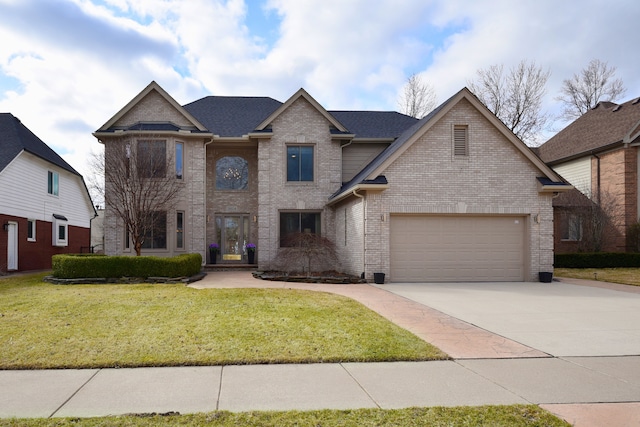 18516 Ranier Dr, Macomb, MI 48042 - traditional-style house with driveway, brick siding, a front lawn, and roof with shingles