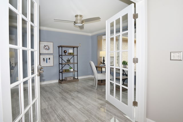 18516 Ranier Dr, Macomb, MI 48042 - office area with crown molding, baseboards, a ceiling fan, french doors, and wood finished floors