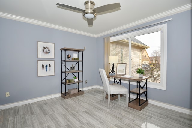 18516 Ranier Dr, Macomb, MI 48042 - home office with ceiling fan, ornamental molding, baseboards, and wood finished floors