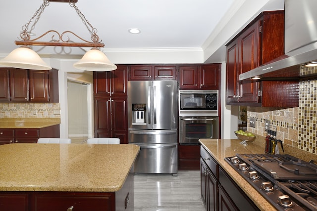 18516 Ranier Dr, Macomb, MI 48042 - kitchen featuring appliances with stainless steel finishes, dark brown cabinets, wall chimney exhaust hood, ornamental molding, and tasteful backsplash