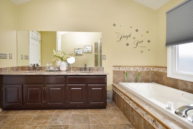 18516 Ranier Dr, Macomb, MI 48042 - full bath with a bath, double vanity, and high vaulted ceiling