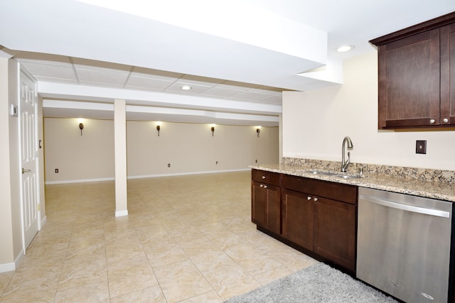 18516 Ranier Dr, Macomb, MI 48042 - kitchen featuring dishwasher, a sink, dark brown cabinets, light stone countertops, and a drop ceiling