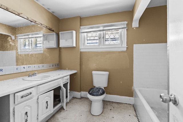 bathroom with toilet, a tub, vanity, and a shower