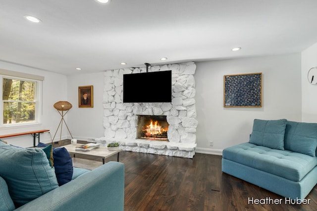 401 Stickney Ridge Rd, Grand Haven, MI 49417 - living room featuring a stone fireplace, recessed lighting, and wood finished floors