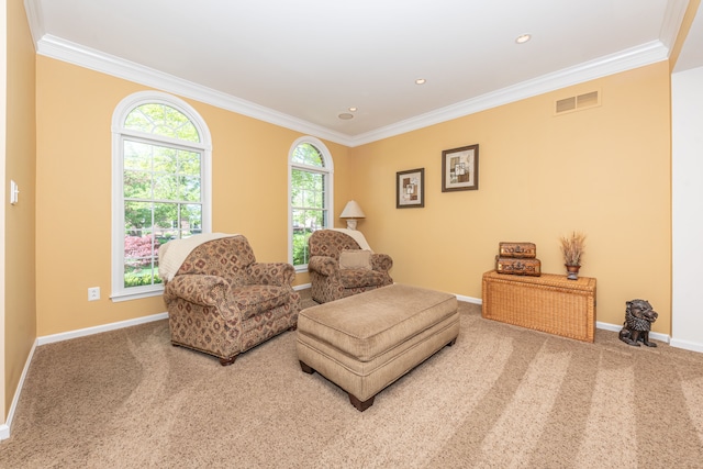 1090 Shetland Dr, South Lyon, MI 48178 - sitting room featuring crown molding, plenty of natural light, carpet, baseboards, and recessed lighting