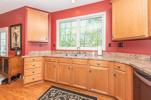 1090 Shetland Dr, South Lyon, MI 48178 - kitchen featuring a sink, stainless steel dishwasher, light wood finished floors, and light countertops