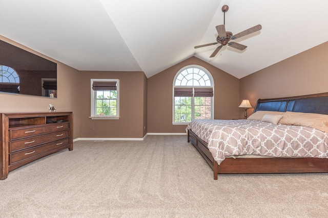 1090 Shetland Dr, South Lyon, MI 48178 - bedroom featuring light colored carpet, lofted ceiling, baseboards, and ceiling fan