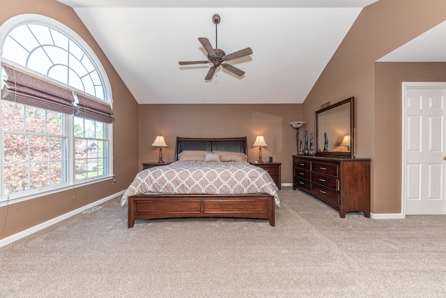 1090 Shetland Dr, South Lyon, MI 48178 - bedroom with vaulted ceiling, light colored carpet, baseboards, and a ceiling fan