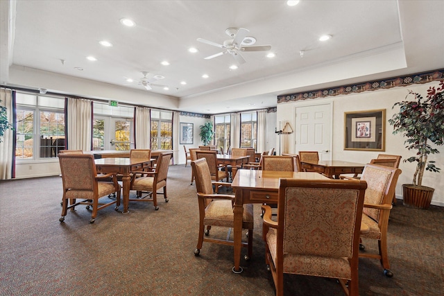 3818 Hillsdale Dr, Auburn Hills, MI 48326 - carpeted dining space featuring recessed lighting, a ceiling fan, and ornamental molding