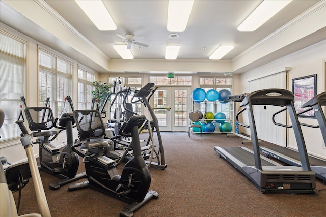3818 Hillsdale Dr, Auburn Hills, MI 48326 - workout area with ornamental molding, a ceiling fan, french doors, and carpet flooring