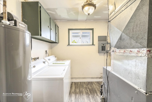 laundry room with cabinet space, washer and clothes dryer, water heater, dark wood-style floors, and electric panel