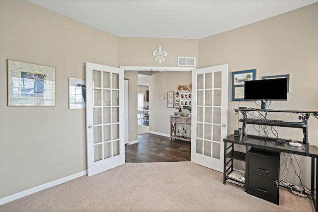 7051 Wildflower, Grand Blanc, MI 48439 - home office with french doors, carpet flooring, and baseboards