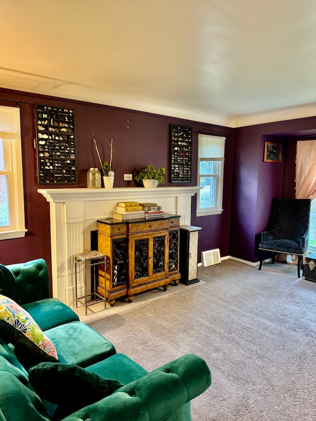 11427 Mercedes, Redford, MI 48239 - living area featuring a fireplace, carpet floors, and baseboards