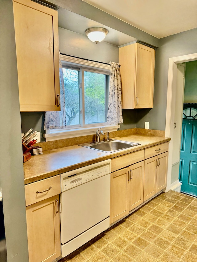 11427 Mercedes, Redford, MI 48239 - kitchen with white dishwasher, a sink, light brown cabinetry, and light countertops