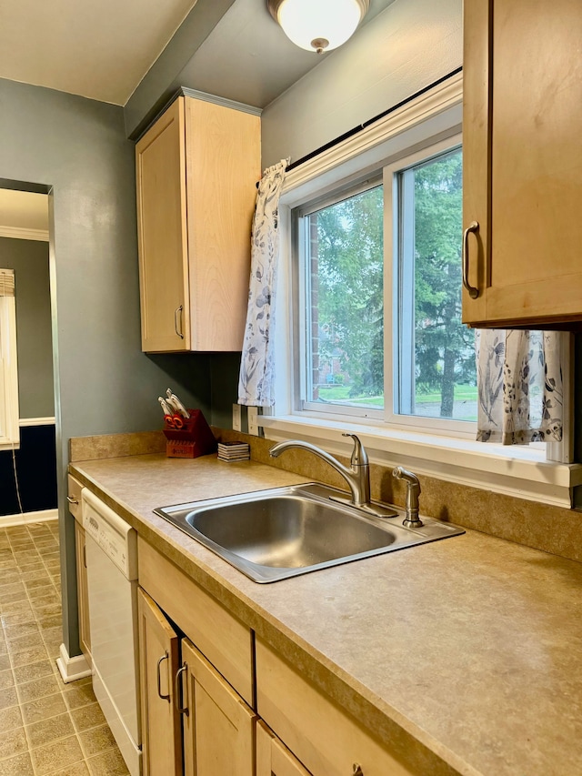 11427 Mercedes, Redford, MI 48239 - kitchen featuring white dishwasher, a sink, light brown cabinets, light countertops, and baseboards