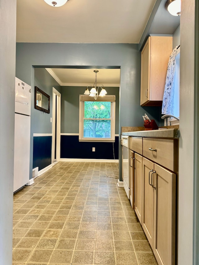 11427 Mercedes, Redford, MI 48239 - kitchen featuring freestanding refrigerator, crown molding, a chandelier, baseboards, and decorative light fixtures