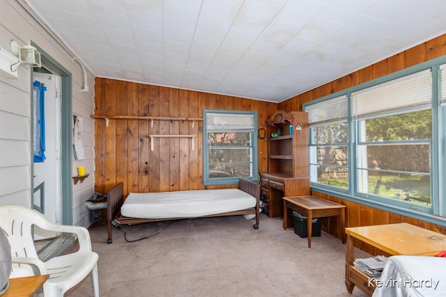 bedroom featuring multiple windows, wood walls, and carpet floors