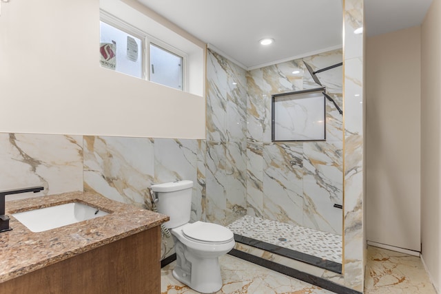 31460 James St, Garden City, MI 48135 - full bathroom featuring marble tiled floors, a marble finish shower, toilet, tile walls, and vanity