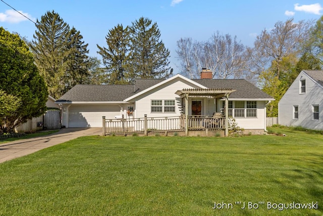 1017 Pearl St, Belding, MI 48809 - view of front of house featuring a pergola, a chimney, a garage, driveway, and a shingled roof