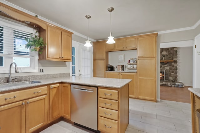 1699 Brentwood Dr, Wixom, MI 48393 - kitchen with dishwasher, a sink, a peninsula, light countertops, and crown molding