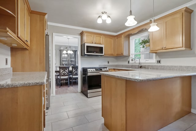 1699 Brentwood Dr, Wixom, MI 48393 - kitchen featuring stainless steel gas range oven, white microwave, a peninsula, crown molding, and a sink