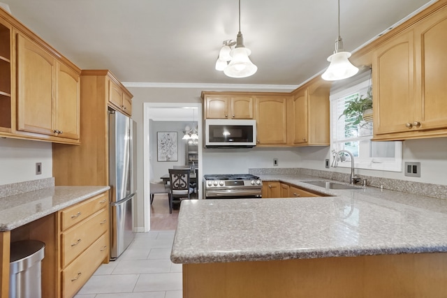 1699 Brentwood Dr, Wixom, MI 48393 - kitchen with appliances with stainless steel finishes, a sink, light tile patterned floors, a peninsula, and crown molding