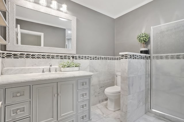 1699 Brentwood Dr, Wixom, MI 48393 - bathroom featuring tile walls, a shower stall, toilet, vanity, and marble finish flooring