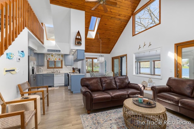 7964 W Royal Rd, Stanwood, MI 49346 - living area with high vaulted ceiling, a skylight, a ceiling fan, light wood finished floors, and wooden ceiling