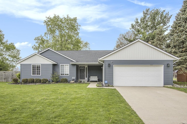 ranch-style home featuring concrete driveway, an attached garage, and roof with shingles