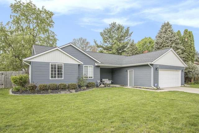 single story home featuring an attached garage, driveway, a shingled roof, and a chimney
