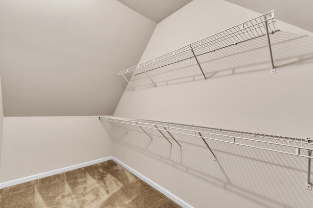 walk in closet with carpet and lofted ceiling